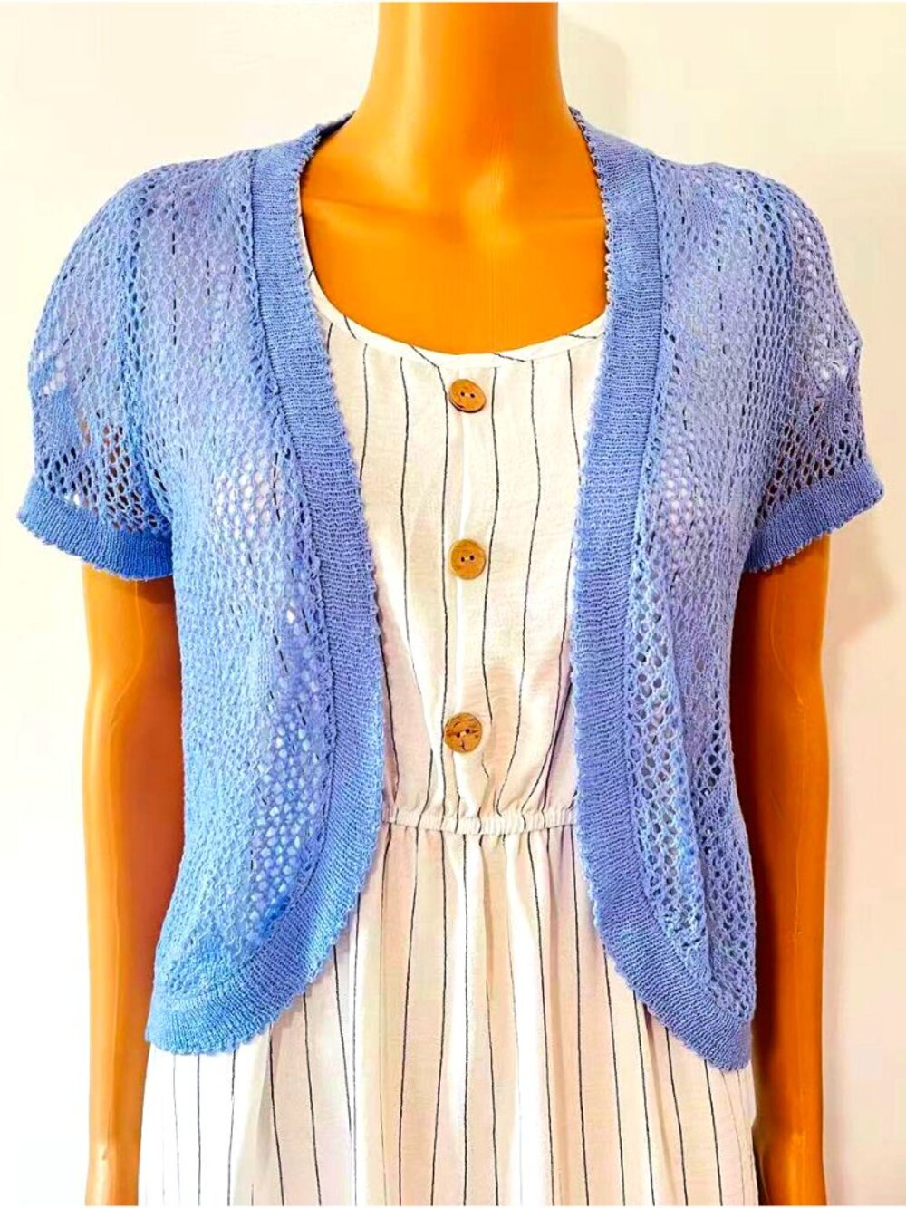 Women Summer Crochet Short Sleeve Shoulder Shrug - One Size, Sky Blue
